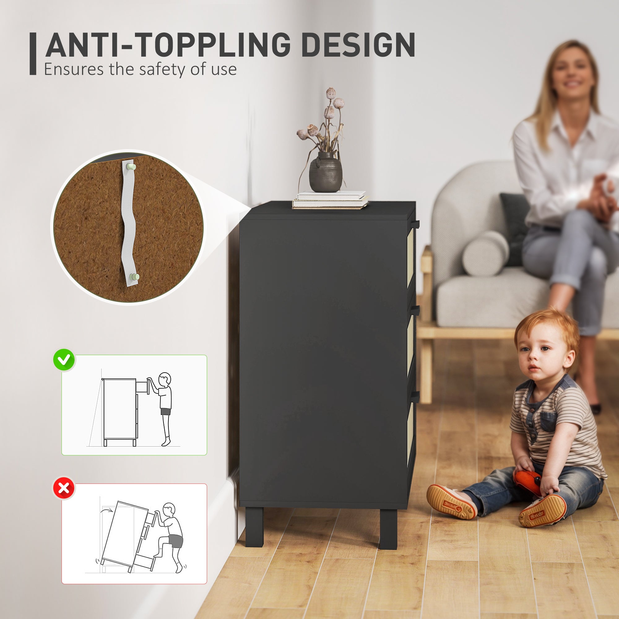 Rattan Bedroom Chest of Drawers, 3 Drawers Storage Unit, Boho Dresser for Living Room, Hallway, Black