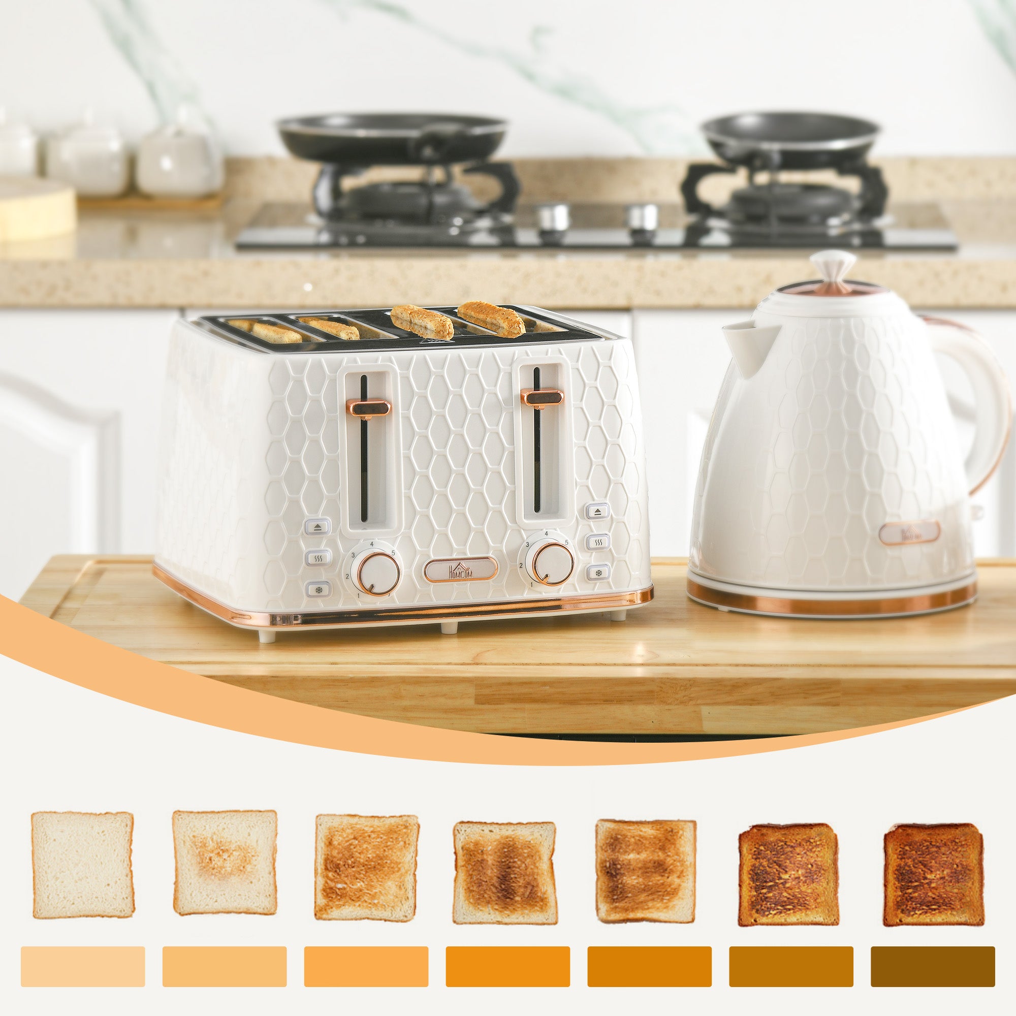 1.7L 3000W Fast Boil Kettle & 4 Slice Toaster Set, Kettle and Toaster Set with 7 Browning Controls, Crumb Tray, White