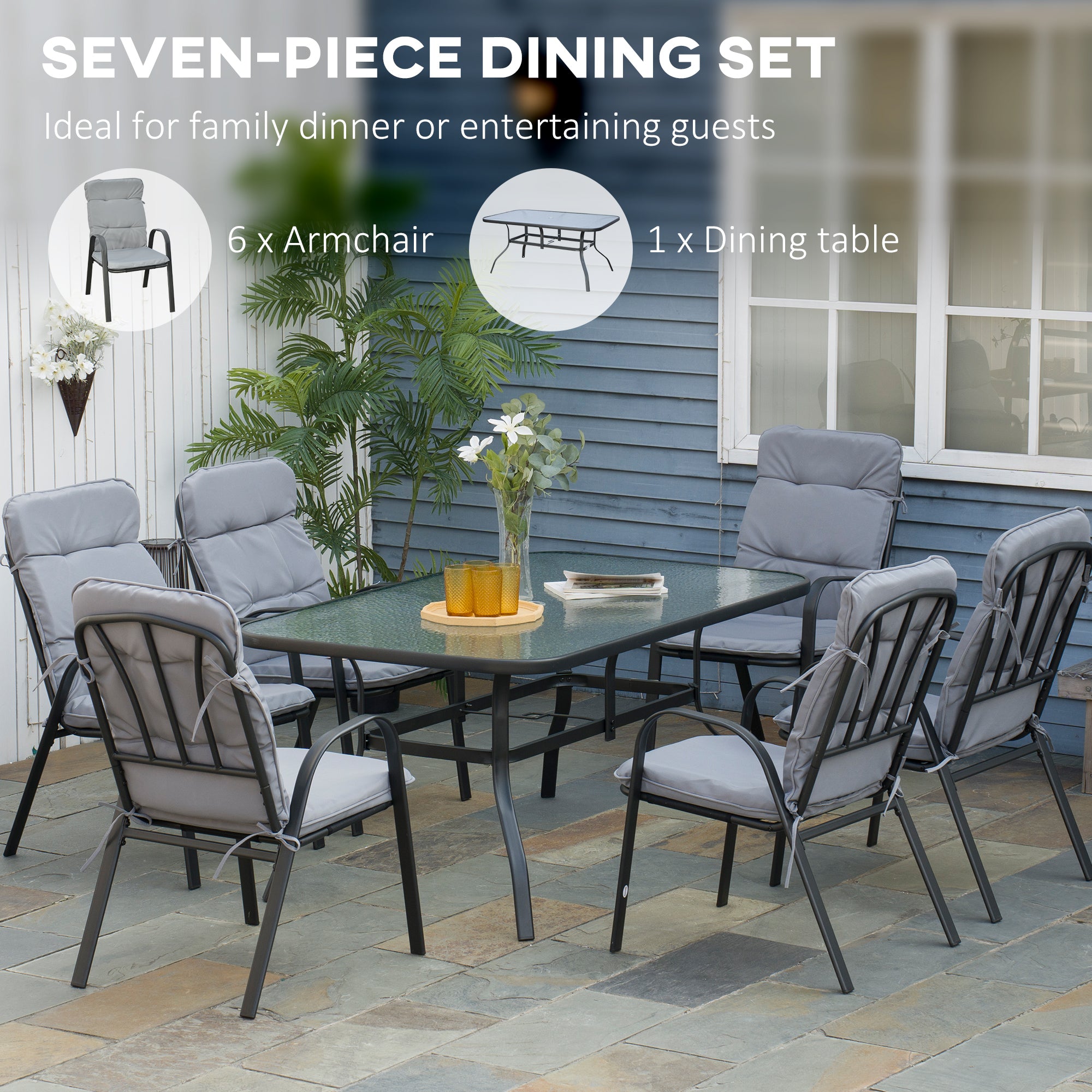 Seven-Piece Garden Dining Set with Cushions - Grey