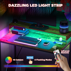 100cm Computer Desk with LED Lights and Power Outlets, Gaming Desk with Monitor Stand, Computer Table with Remote for Home Office Study, Rustic Brown