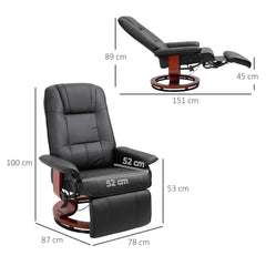360° Swivel Recliner Chair with Footstool, Manual Recliner Armchair with Wooden Base, Faux Leather Upholstered Reclining Chair for Living Room, Bedroom, Office, Black
