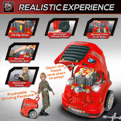 Kids Truck Engine Toy Set, Toddler Educational Car Service Station Playset, Take Apart Workshop, w/ RC Car Key, Steering wheel, Horn, Light, for 3-5 Years Old Red