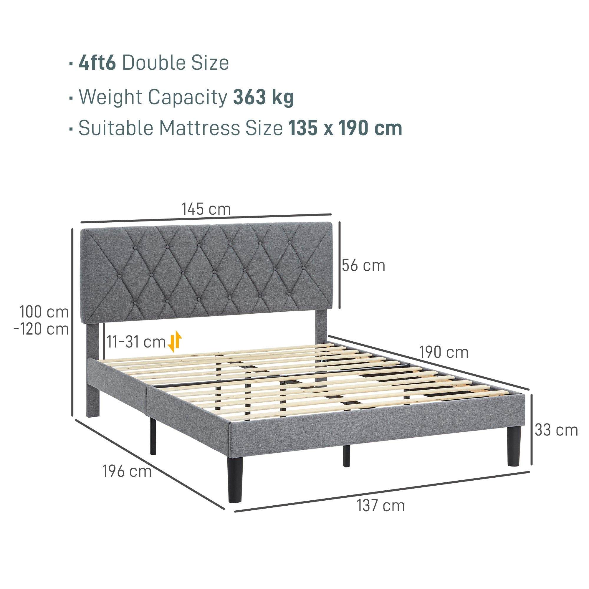 Double Bed Frame with 5-Level Adjustable Linen Upholstered Headboard, Wooden Slats Mattress Foundation, No Box Spring Needed, Grey