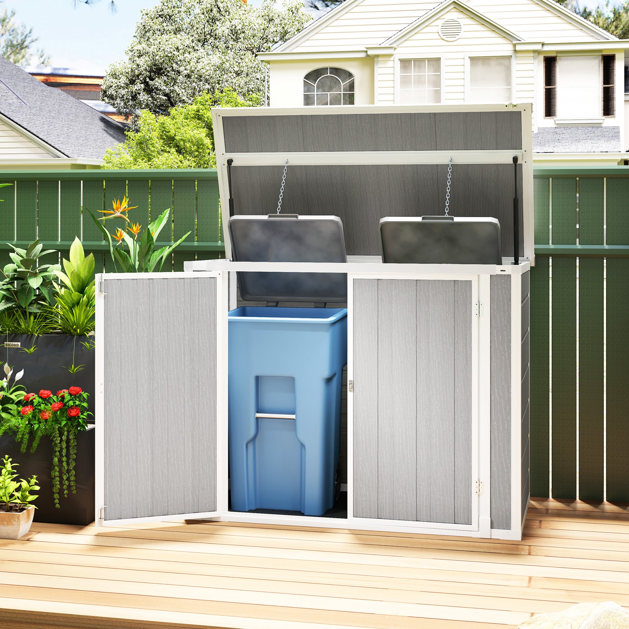 4.7 x 2.5FT Garden Shed, Lockable Outdoor Storage with Openable Lid, Small Shed for 2 Trash Cans, Tools, Patio, Light Grey