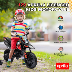 AIYAPLAY 12V Aprilia Licensed Kids Motorbike with Training Wheels, Spring Suspension, LED Headlight, USB, Music, Red/Black