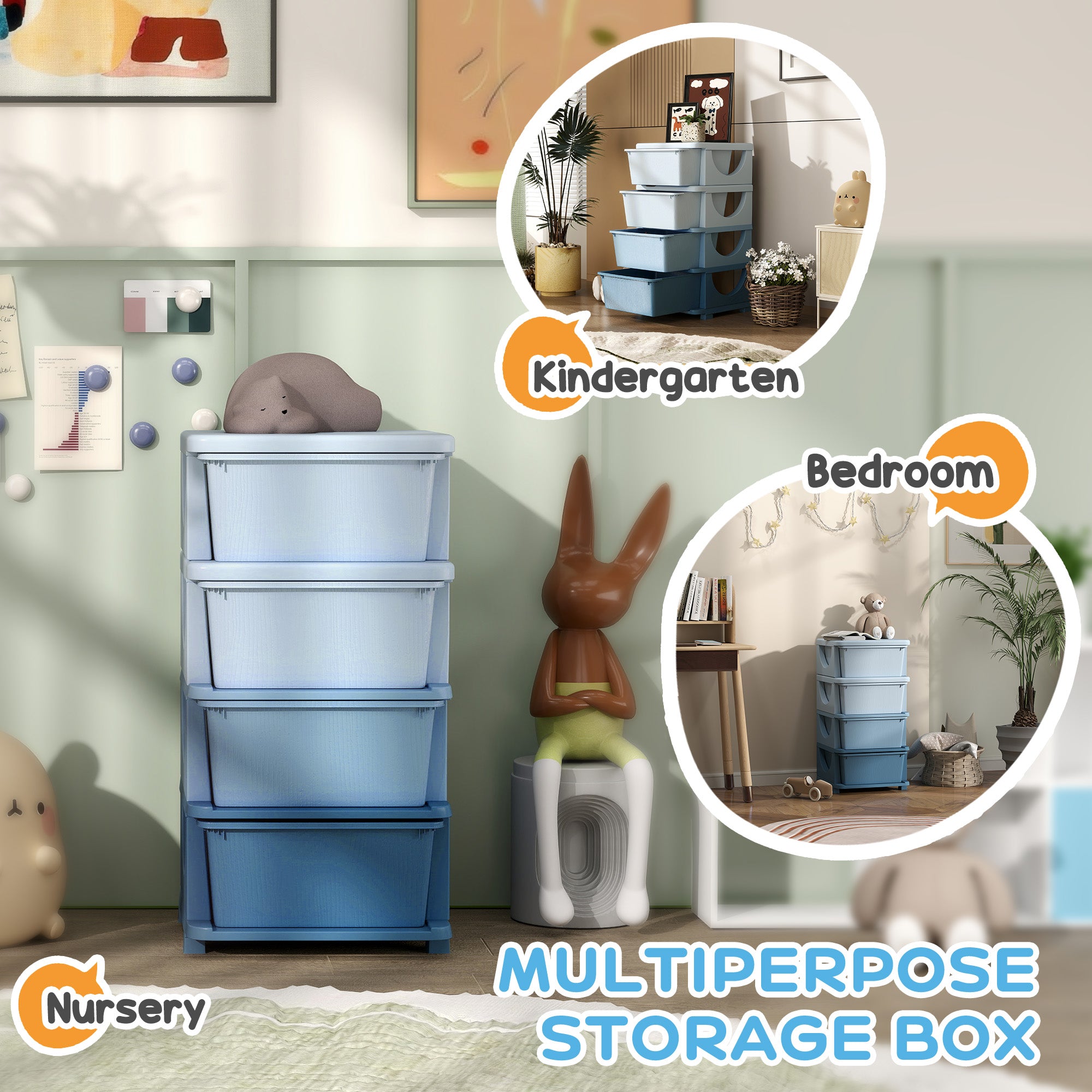 Four-Tier Kids Storage Boxes, with Four Drawers - Blue