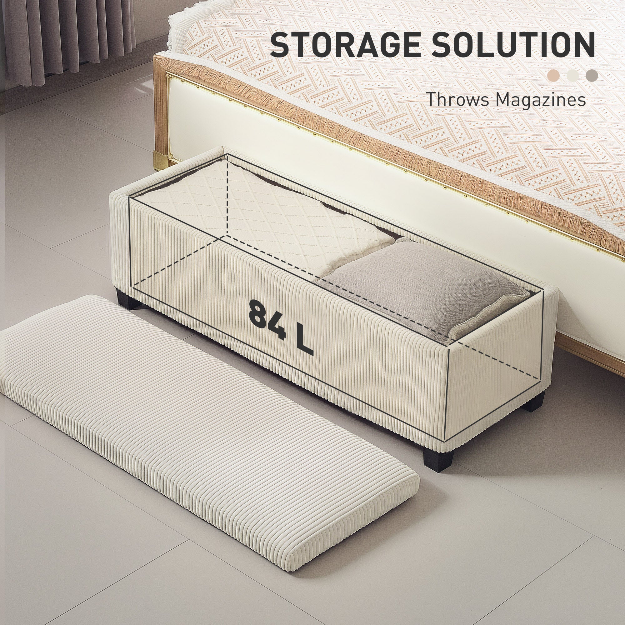 Storage Ottoman Bench, Corduroy Footstool with Removable Lid and Legs, 112cm Storage Chest Box for Living Room, Bedroom, Hallway, Beige