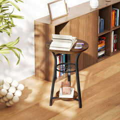 Small Round Side Table with 3 Storage Shelves - Rustic Brown