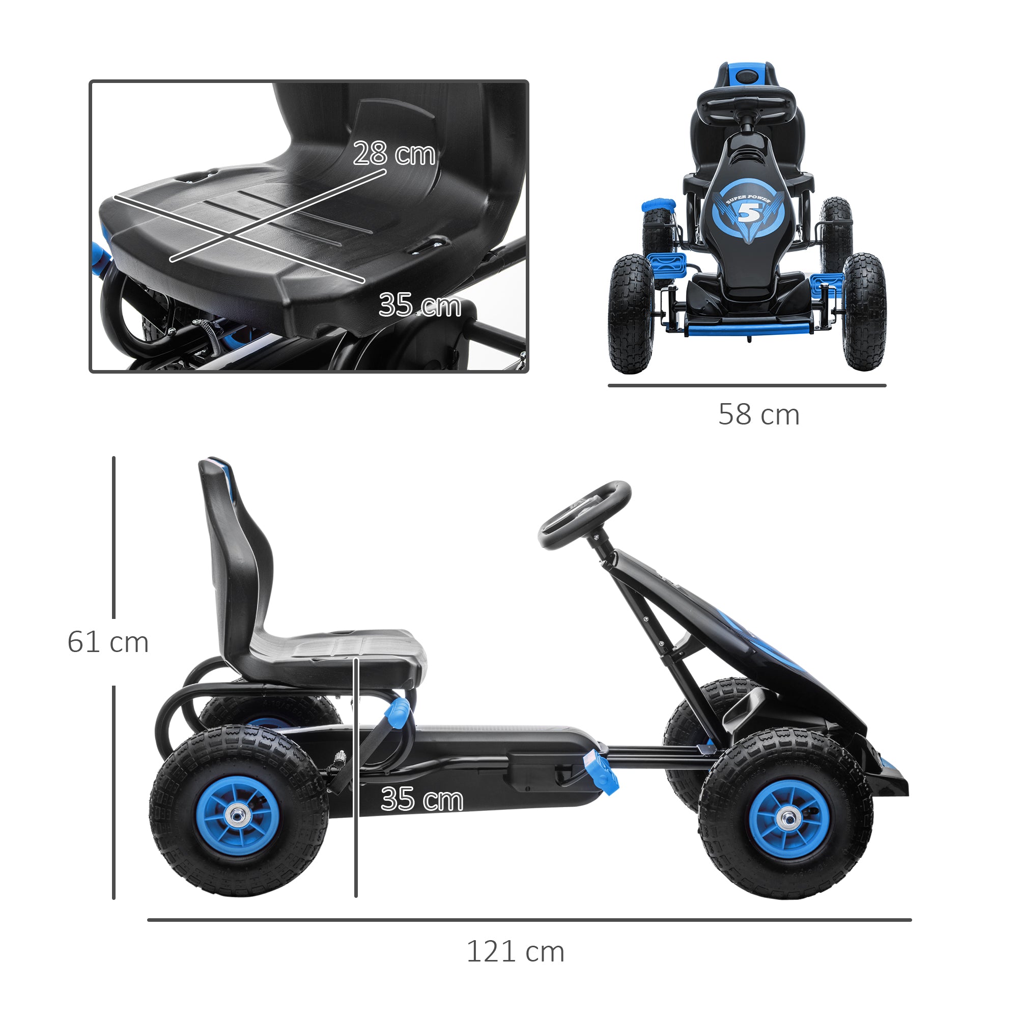 Kids Pedal Go Kart, with Adjustable Seat, Inflatable Tyres - Blue