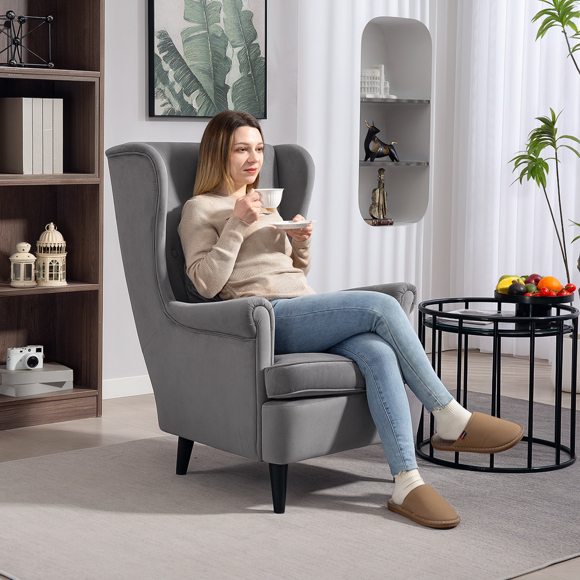Modern Accent Chair, Upholstered Wingback Armchair with High Backrest and Pillow, Velvet-Feel Fabric Reading Chair with Solid Wood Legs for Living Room, Bedroom, Home Office, Dark Grey