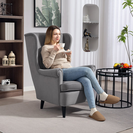 Modern Accent Chair, Upholstered Wingback Armchair with High Backrest and Pillow, Velvet-Feel Fabric Reading Chair with Solid Wood Legs for Living Room, Bedroom, Home Office, Dark Grey