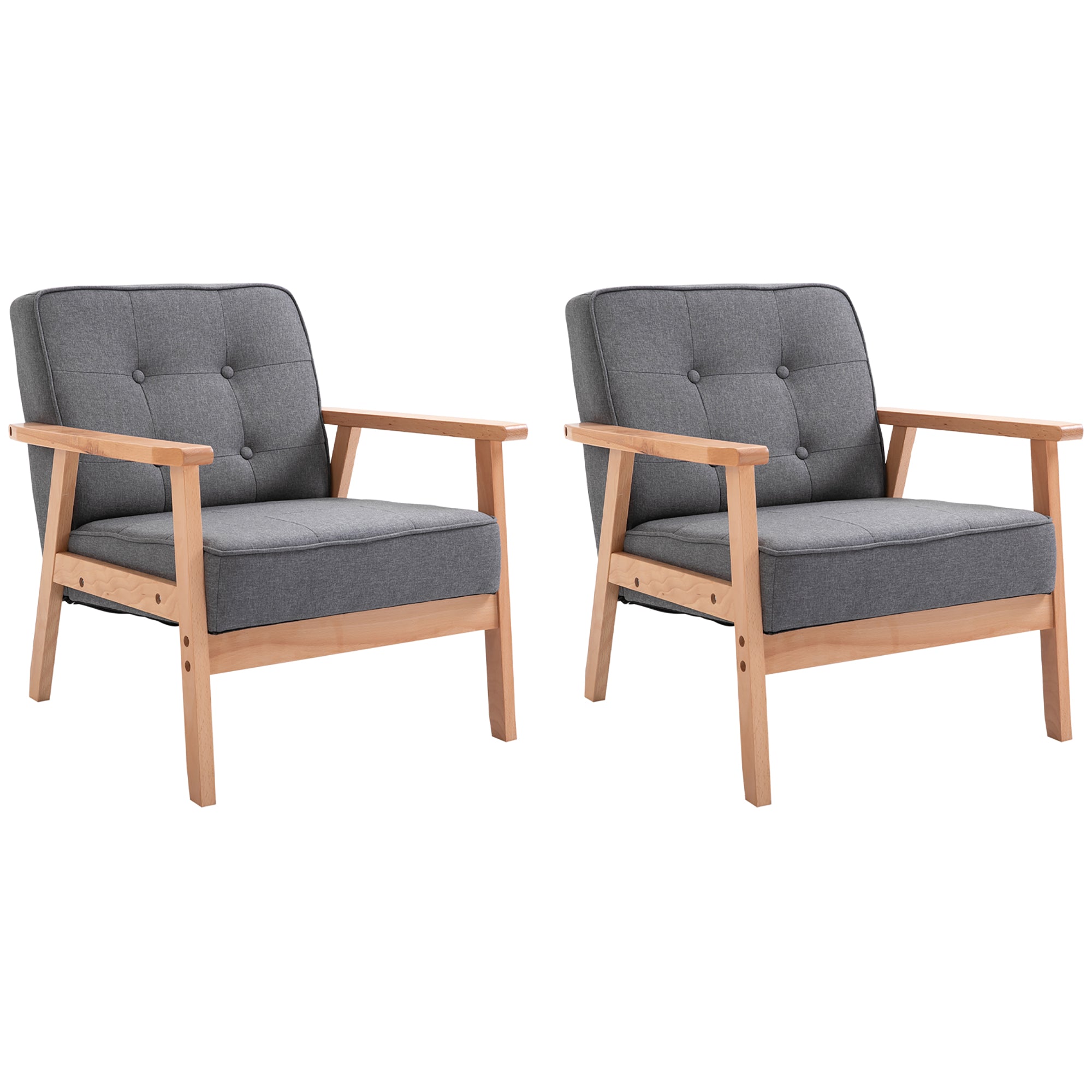 Armchair, Linen Fabric Accent Chair, Occasional Chair with Beech Wood Frame for Living Room, Reception, Bedroom, Balcony, Set of 2, Grey and Natural