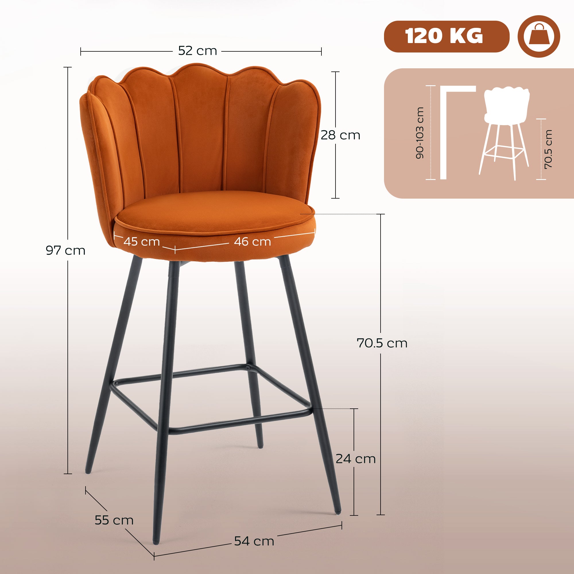 Fynco - Set of Two Velvet-Feel Lotus Bar Stools - Orange