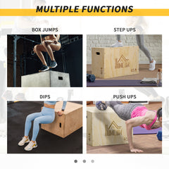 3-in-1 Wooden Plyo Box, Plyometric Jump Box with Handle Openings for Home Gym, Workout Training, Natural