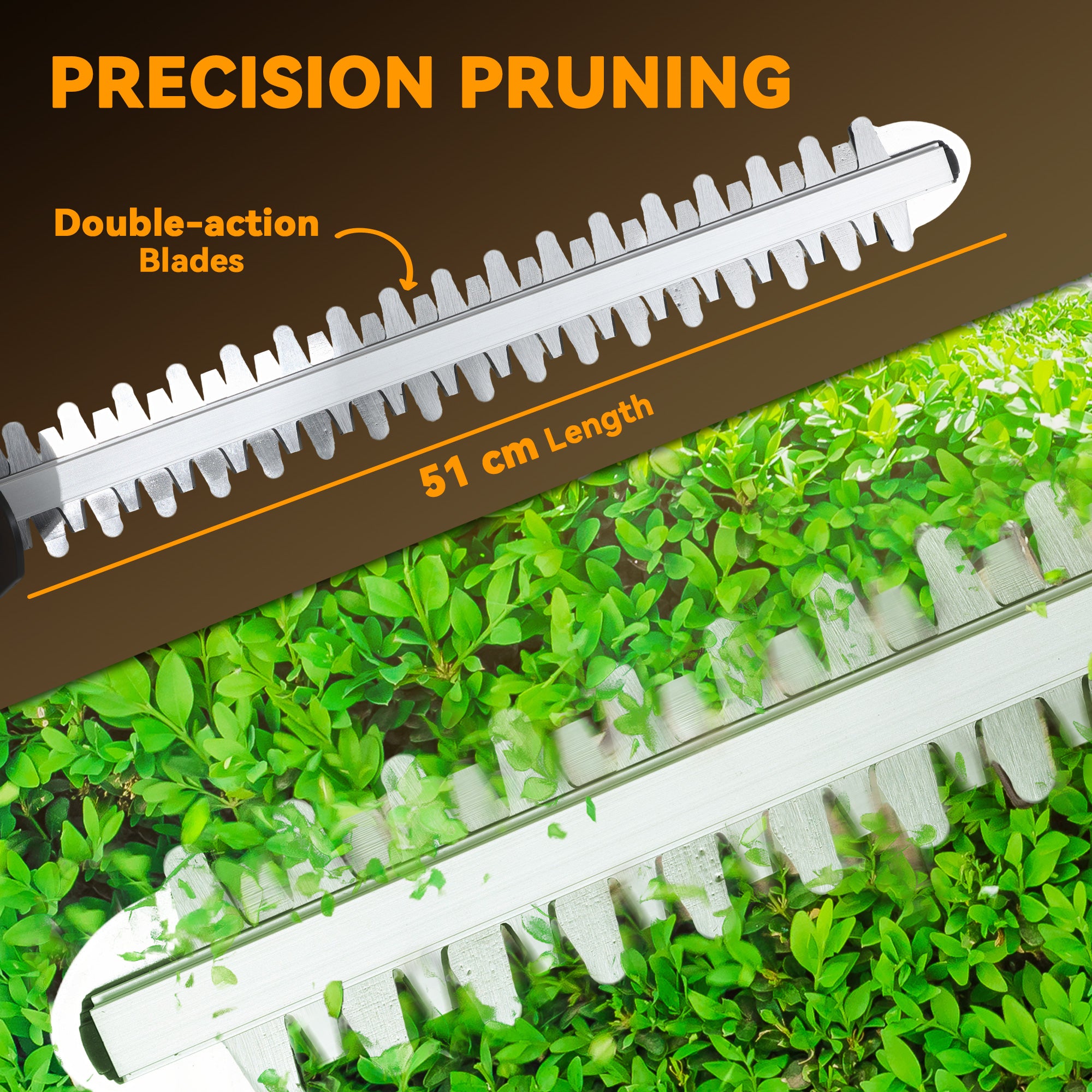 20" Cordless Hedge Trimmer, 21V Electric Hedge Cutter with 51cm Dual Action Blade, 2 x 4000mAh Batteries and Brushless Motor for Garden Branches, Shrubs, Twigs, Orange