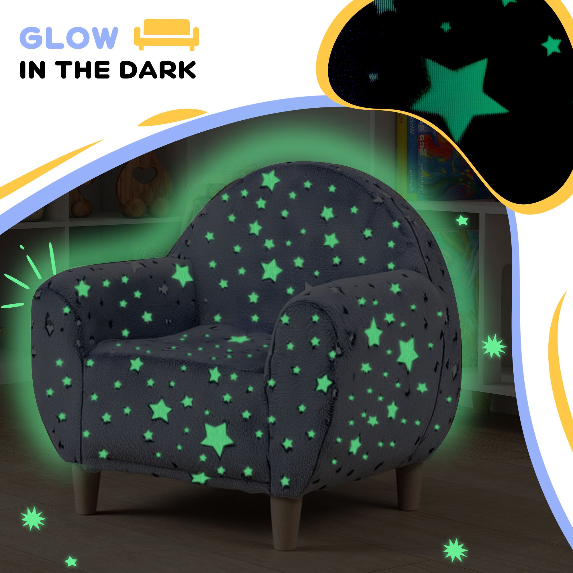 AIYAPLAY Kids Armchair, Glow in the Dark Chair with Star Design for Bedroom, Playroom, Kids Room, Grey