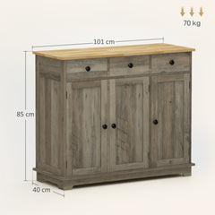 Sideboard with Rubber Wood Top, Modern Storage Cabinet, Kitchen Cupboard with 3 Doors, 3 Drawers and 3 Adjustable Shelves for Dining Room, Living Room, Grey Wood-Effect