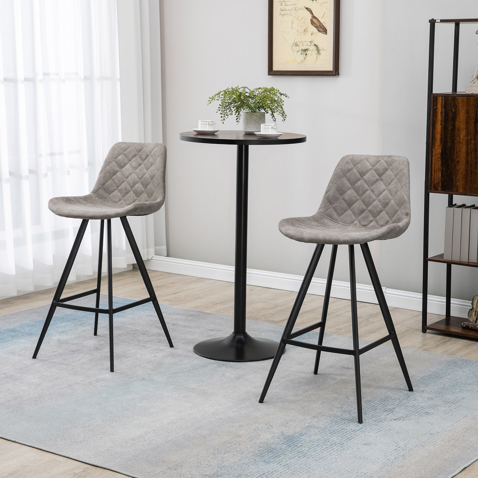 Set Of 2 Bar Stools Vintage Microfiber Cloth Tub Seats Padded Comfortable Steel Frame Footrest Quilted Home Bar Cafe Kitchen Chair Stylish Grey