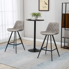 Set Of 2 Bar Stools Vintage Microfiber Cloth Tub Seats Padded Comfortable Steel Frame Footrest Quilted Home Bar Cafe Kitchen Chair Stylish Grey