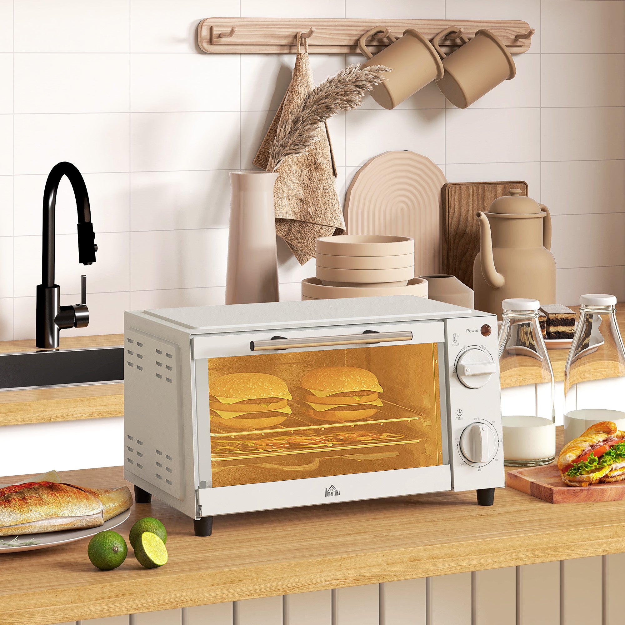 Mini Oven, 9L Countertop Electric Grill, Toaster Oven with Adjustable Temperature, Timer, Dishwasher Safe Baking Tray and Wire Rack, 750W, Cream