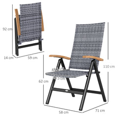 Folding Rattan Garden Dining Chair with 5-level Reclining High Back, Wood Armrests for Outdoor, Patio - Light Grey