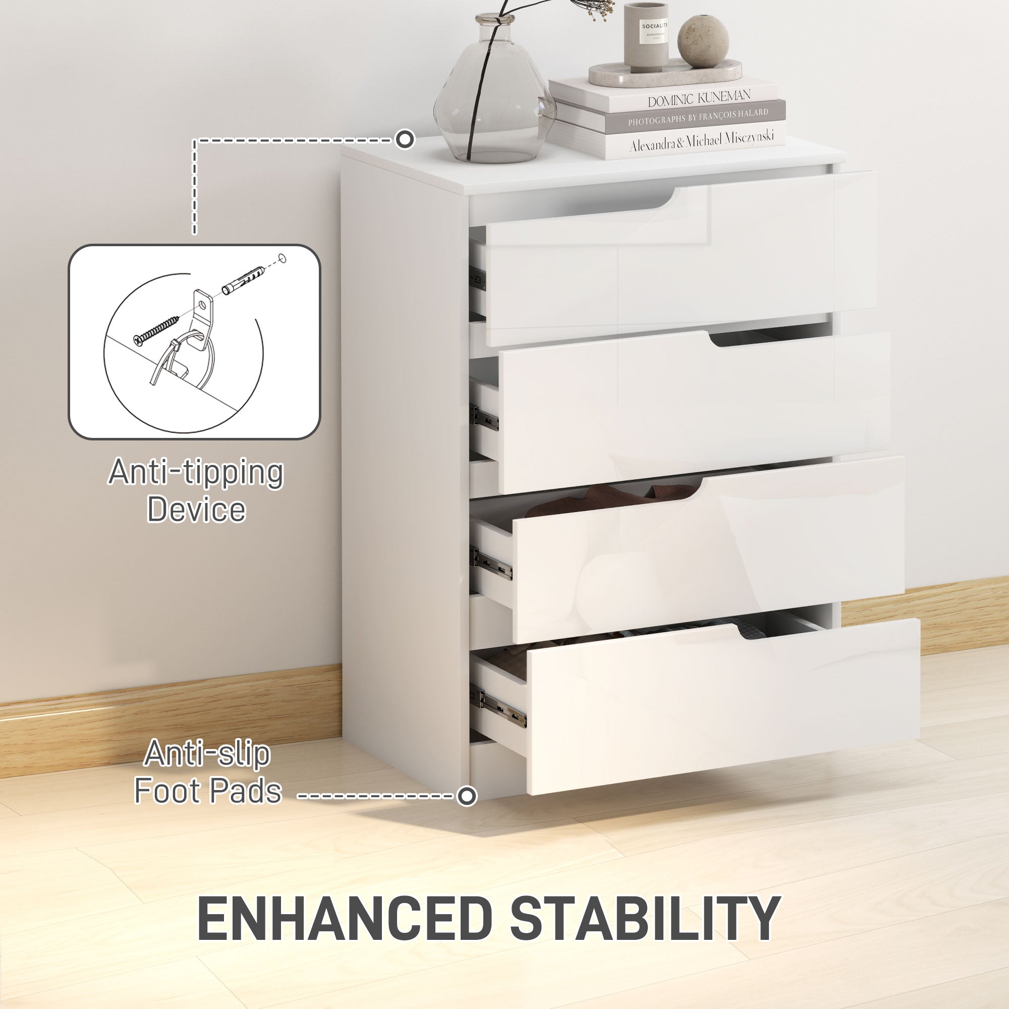 Chest of Four High Gloss Front Drawers - White