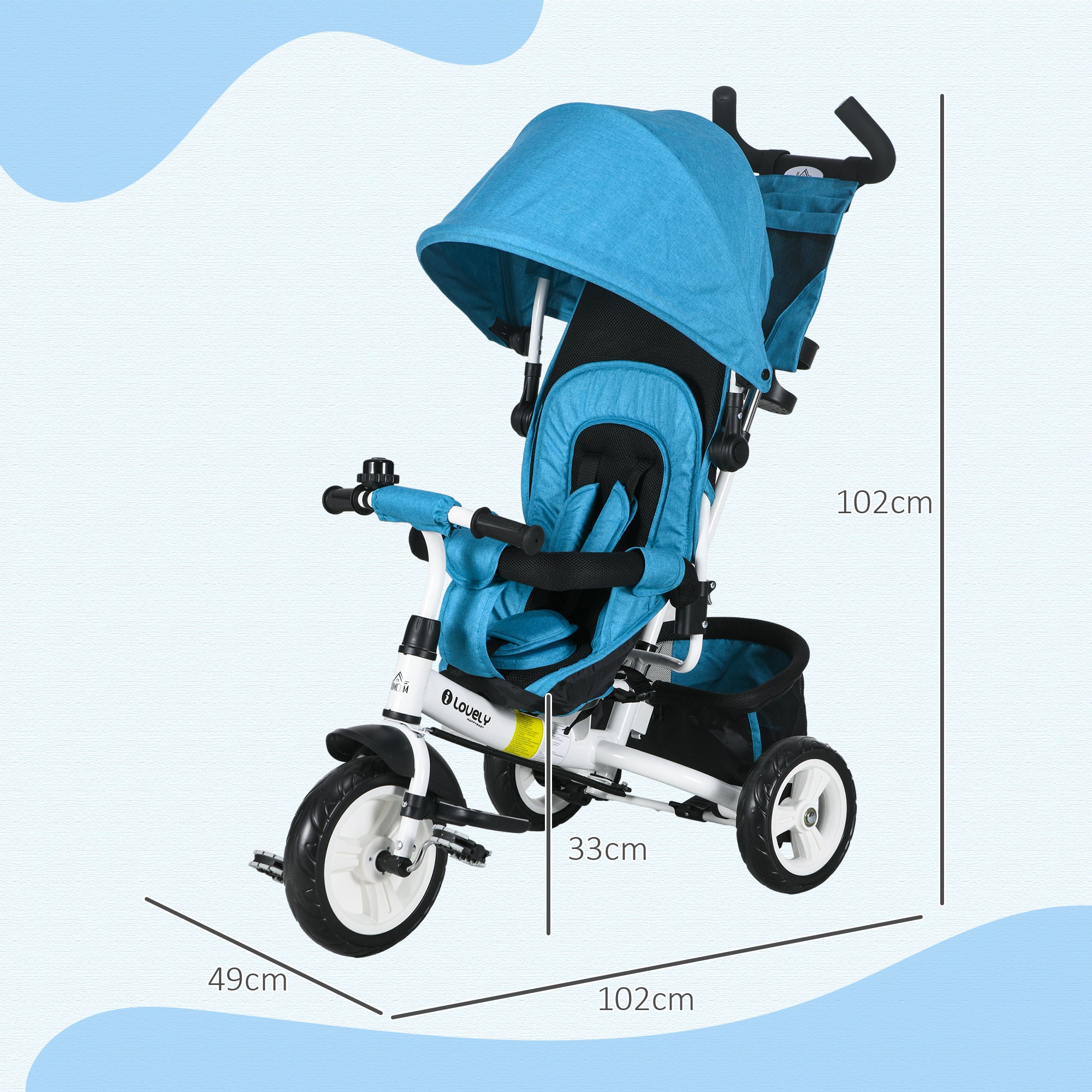 6 in 1 Kids Trike with Parent Handle, Canopy, 5-point Safety Belt, Storage, Footrest, Brake, for 1-5 Years, Blue