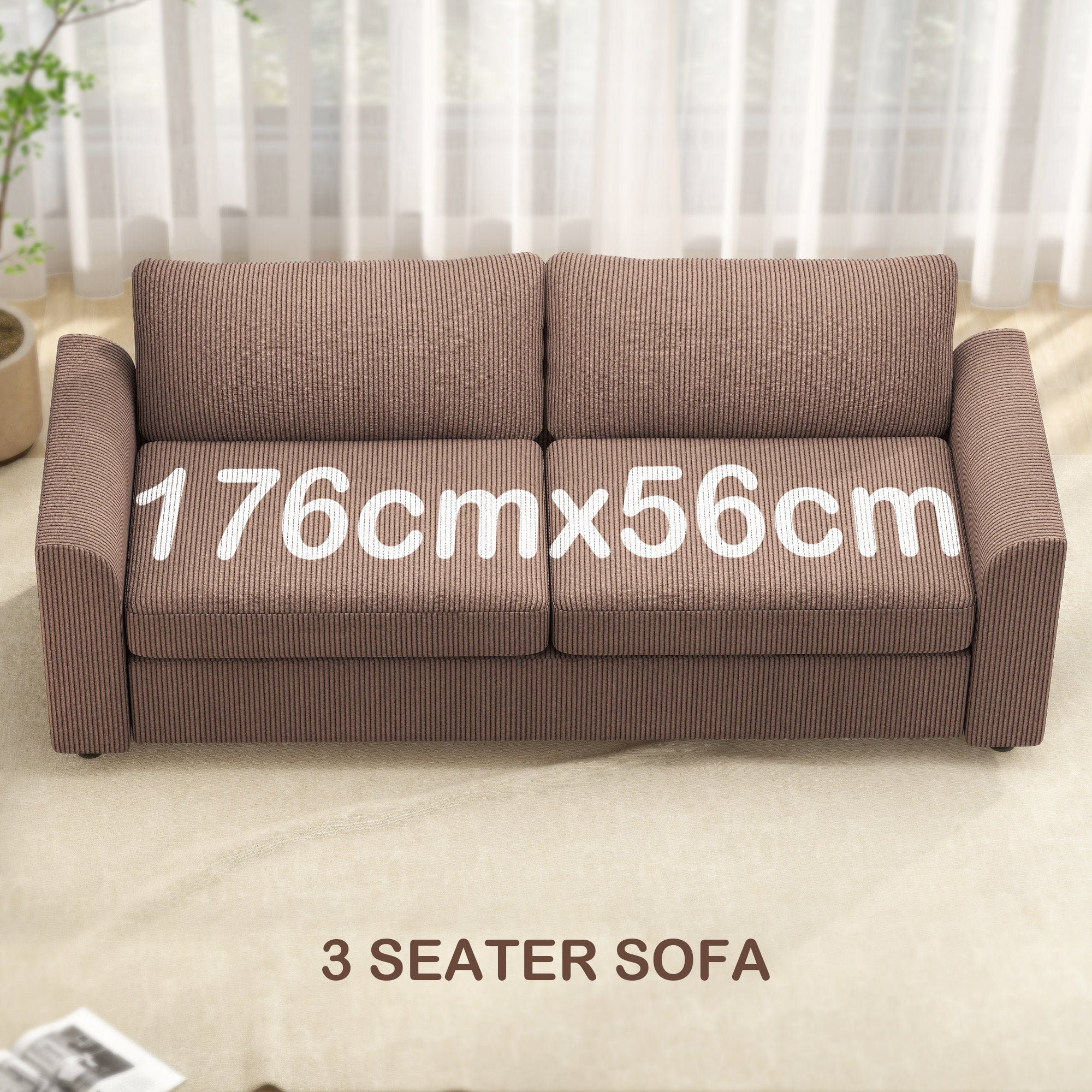 Modern 3 Seater Sofa with Spring Cushion, 212 cm Fabric Jumbo Cord Sofa Couch with 2 Scatter Cushions, Upholstered Corduroy Settee for Living Room, Bedroom, Home Office, Coffee