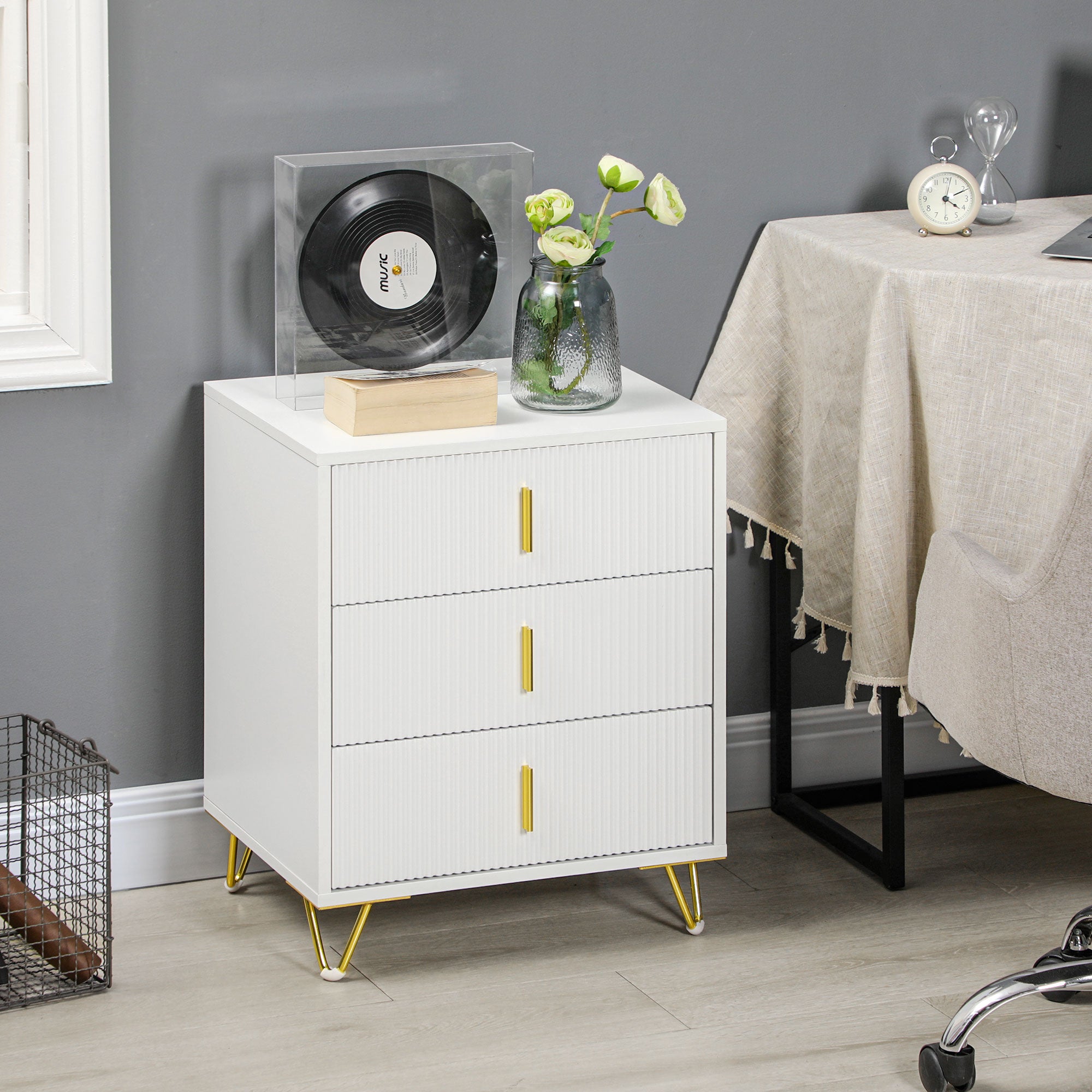 Set of 2 Elegant Chest of Three Drawers - White/Gold-Tone