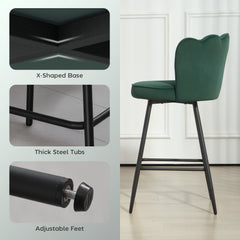 Fynco - Set of Two Velvet-Feel Lotus Bar Stools - Dark Green