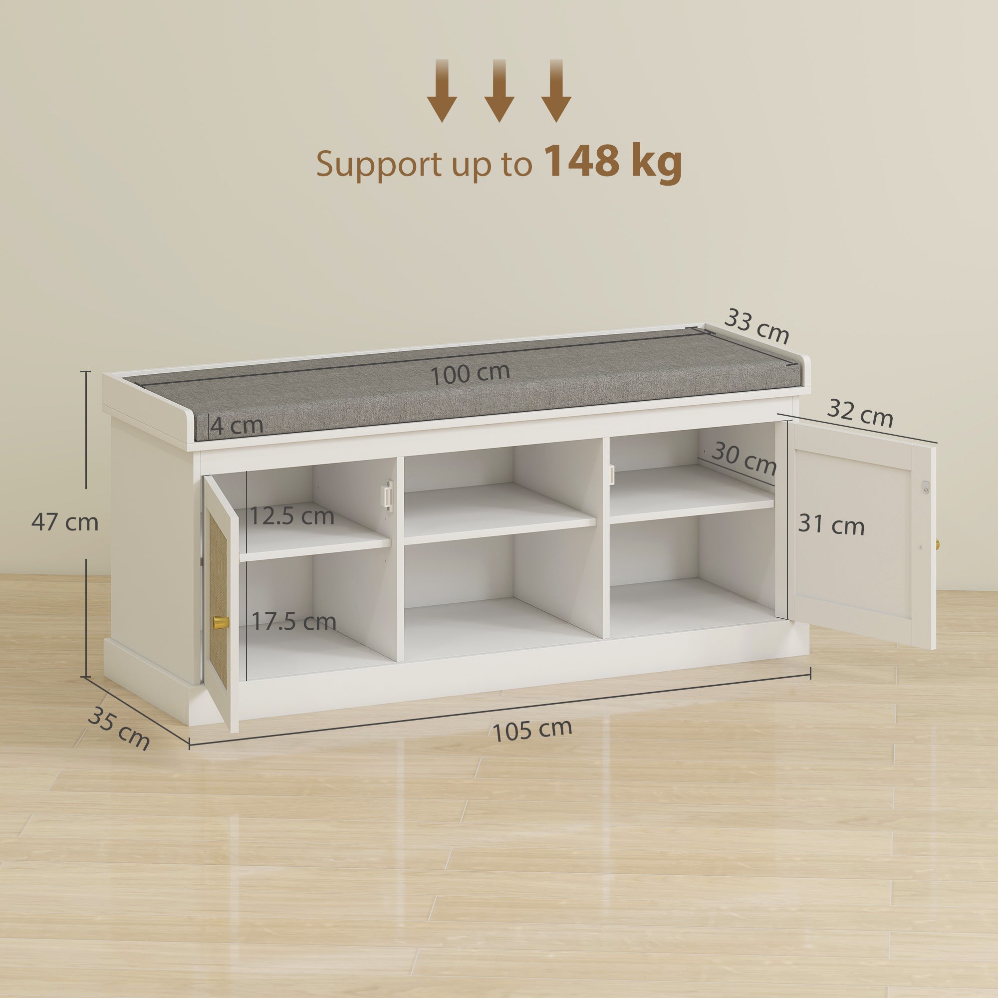 Fynco - Boho Shoe Storage Bench with Padded Cushion and Rattan Doors - White