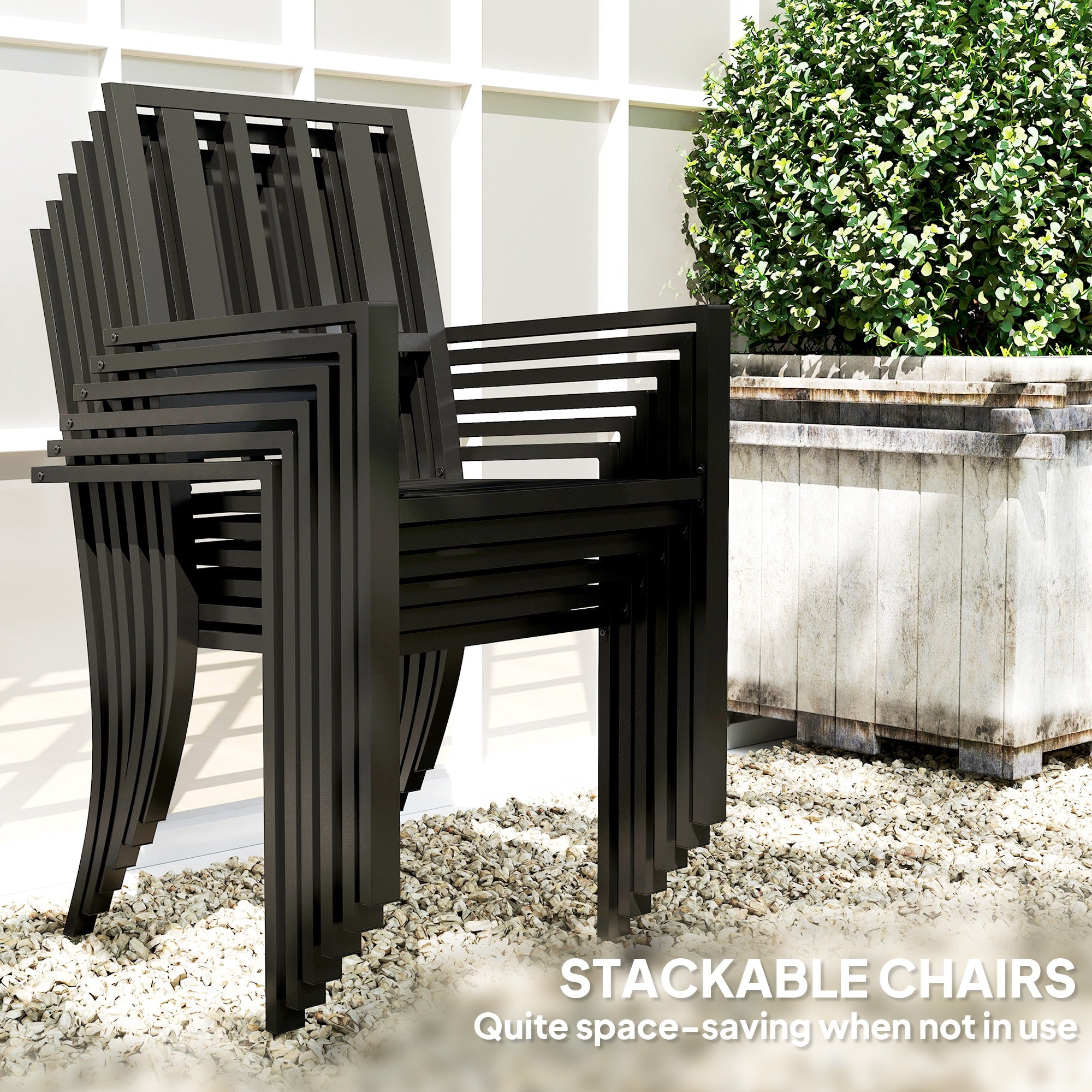 7 Pieces Garden Table and Chairs 6 Seater Outdoor Table and Chairs with Umbrella Hole, for Poolside, Garden, Black