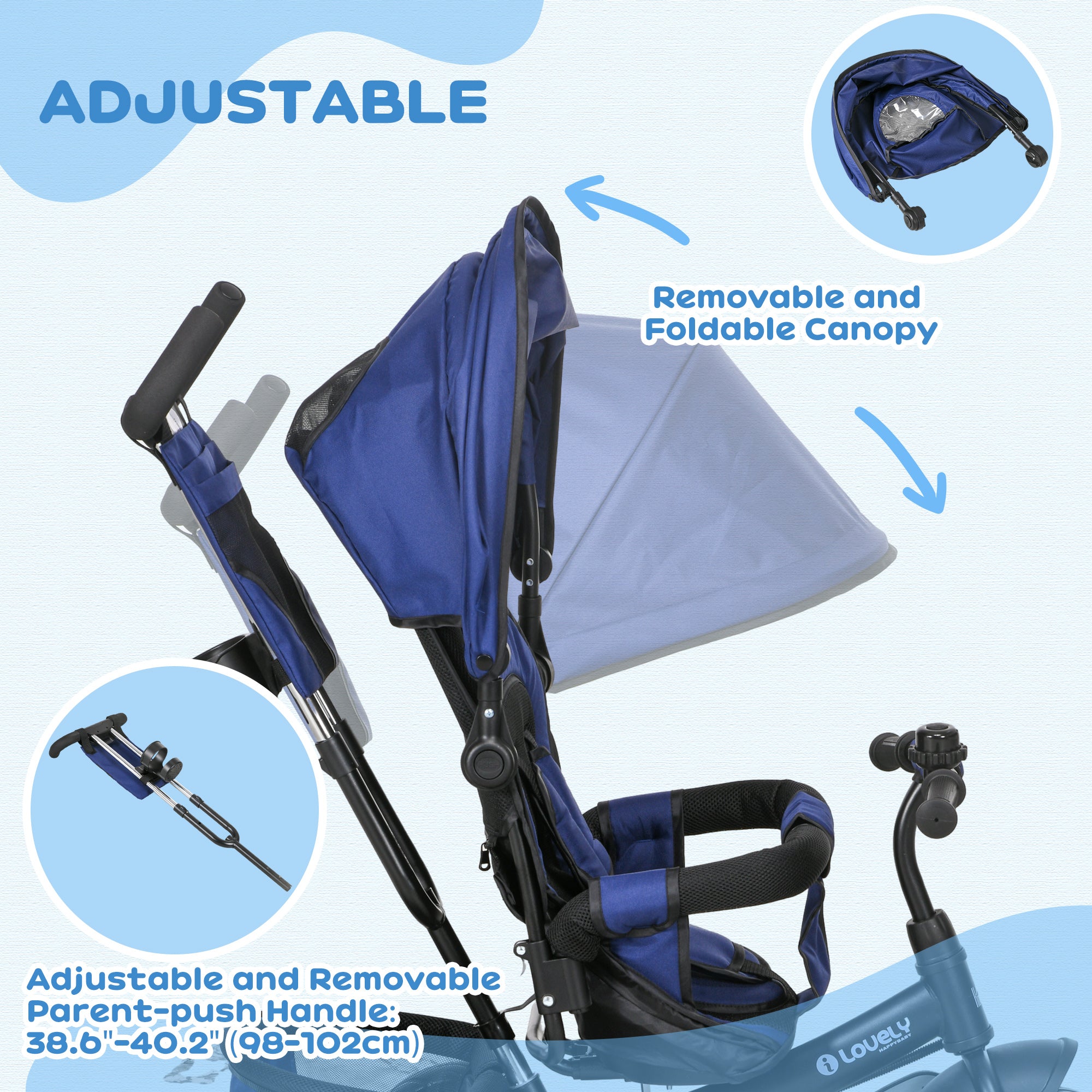 6 in 1 Kids Trike Push Bike with Push Handle, Canopy, 5-point Safety Belt, Storage, Footrest, Brake, for 1-5 Years, Dark Blue