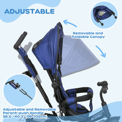 6 in 1 Kids Trike Push Bike with Push Handle, Canopy, 5-point Safety Belt, Storage, Footrest, Brake, for 1-5 Years, Dark Blue