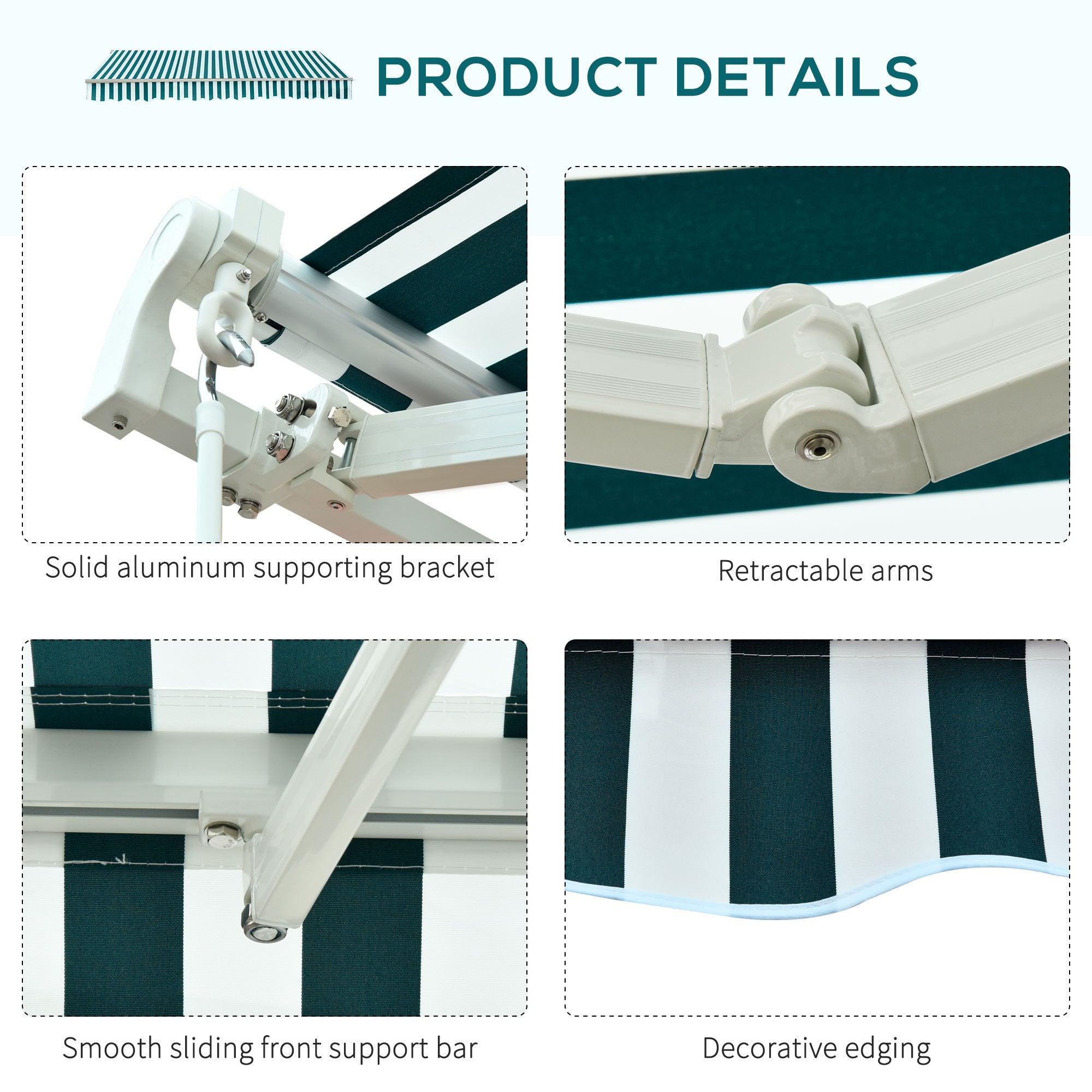 Fynco - Manual Retractable Awning, size (3.5m x2.5m)-Dark Green/White Stripes