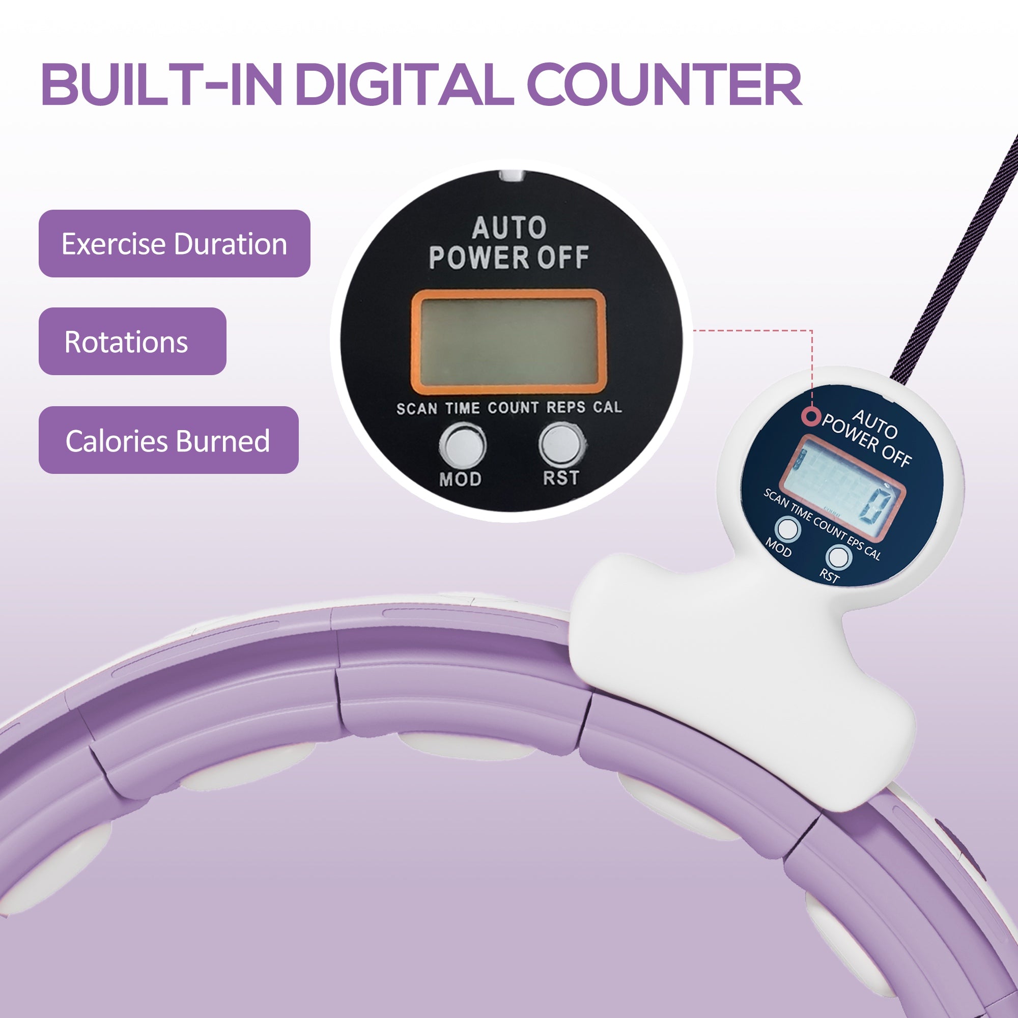 SPORTNOW Smart Weighted Hula Hoop, Massage Hula Ring w/ 16 Detachable Knots, 360° Auto-Rotating Ball, Digital Counter, Purple