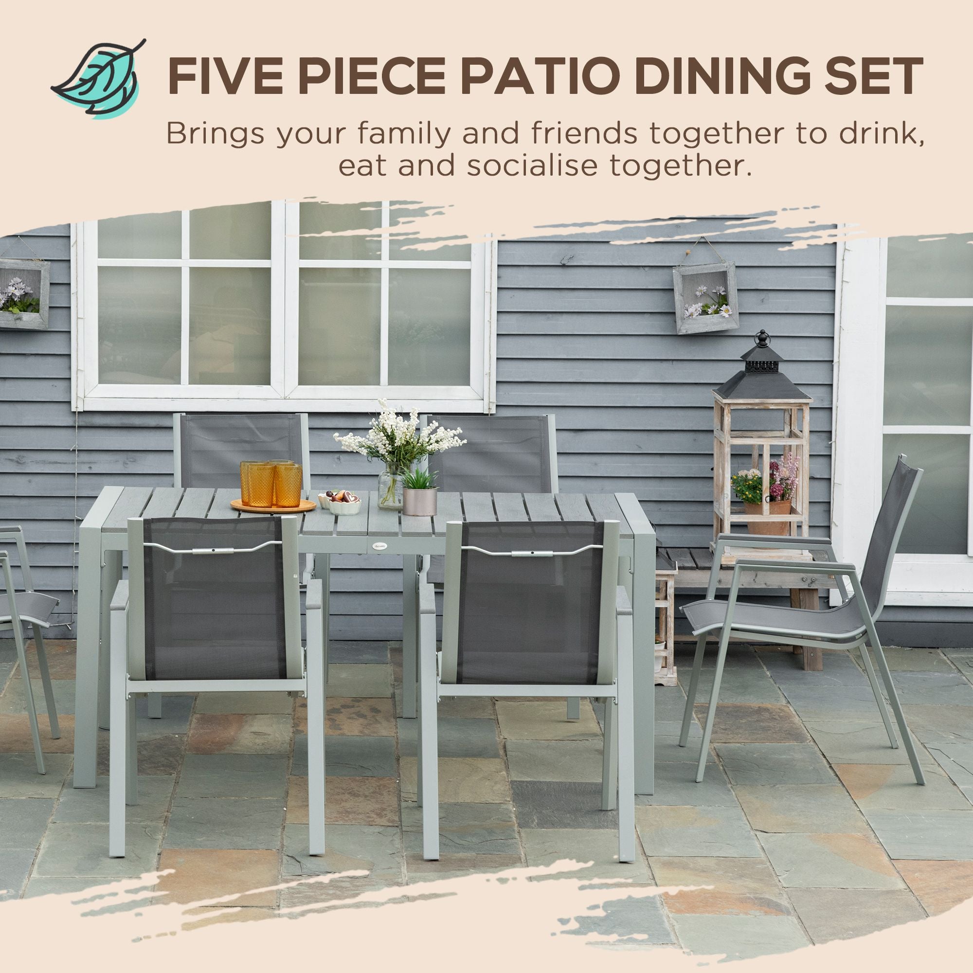 7 Pieces Garden Dining Set, Outdoor Table and 6 Armchairs, Aluminium Frame, Slatted Wood Grain Plastic Top Table, Breathable Mesh Fabric Seats and Backrest, Light Grey