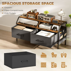 TV Stand Cabinet, TV Unit for 55-inch TVs with 2 Foldable Fabric Drawers, 5 Divided Side Pockets, Open Shelves, Console Table for Living Room, Bedroom, Entertainment Room, Rustic Brown
