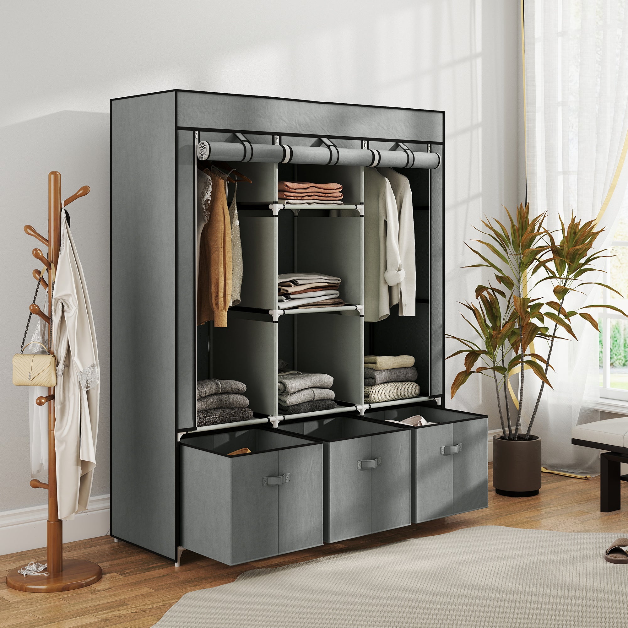Fabric Wardrobe for Bedroom, Portable Wardrobe with 5 Shelves, 2 Hanging Rails and 3 Fabric Drawers, Foldable Closet, 125 x 43 x 162.5cm, Light Grey