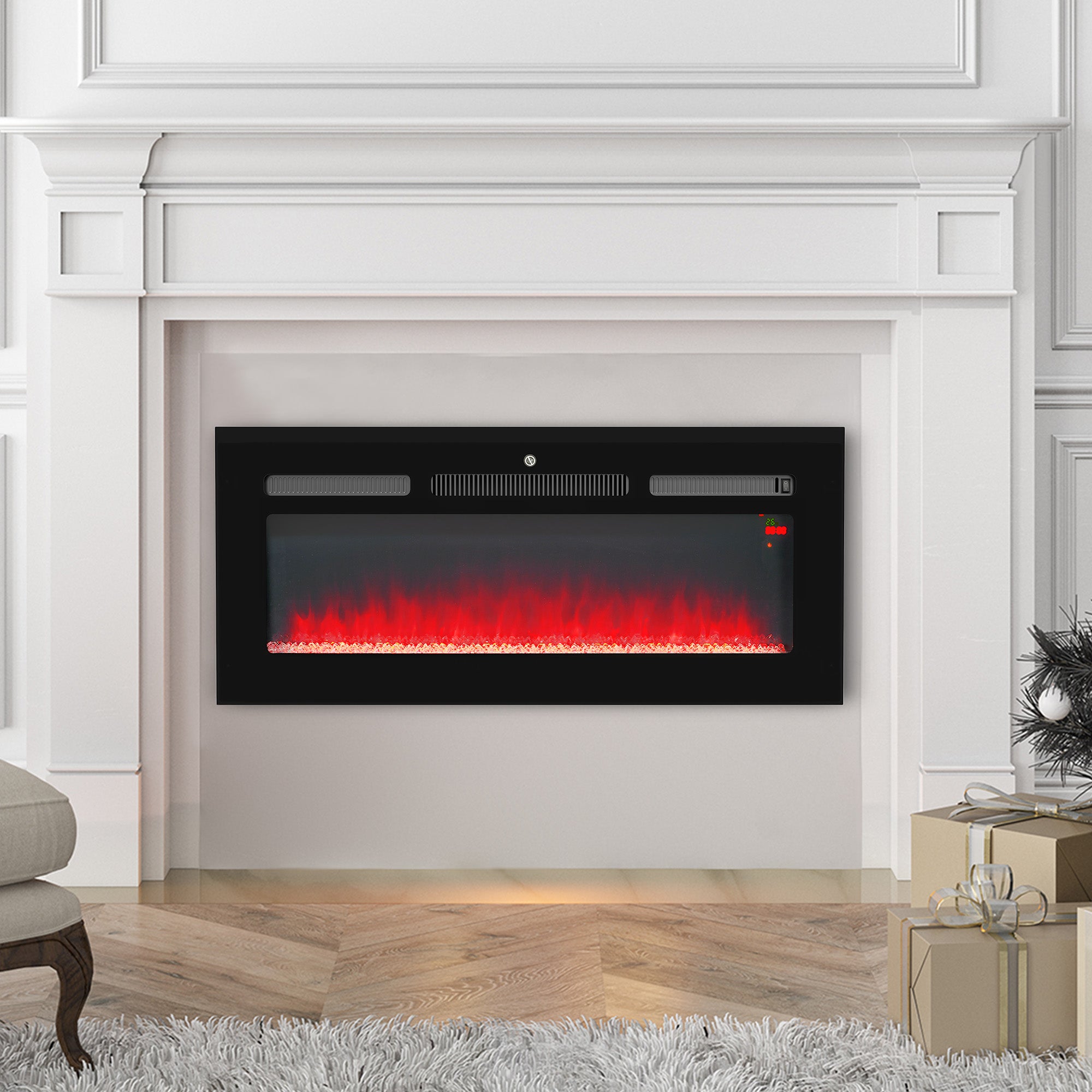 Fynco - 102cm/40" Electric Fireplace, 2000W Recessed and Wall Mounted Electric Fire with Remote Control, 9 Flame Colour and Crystal, Black
