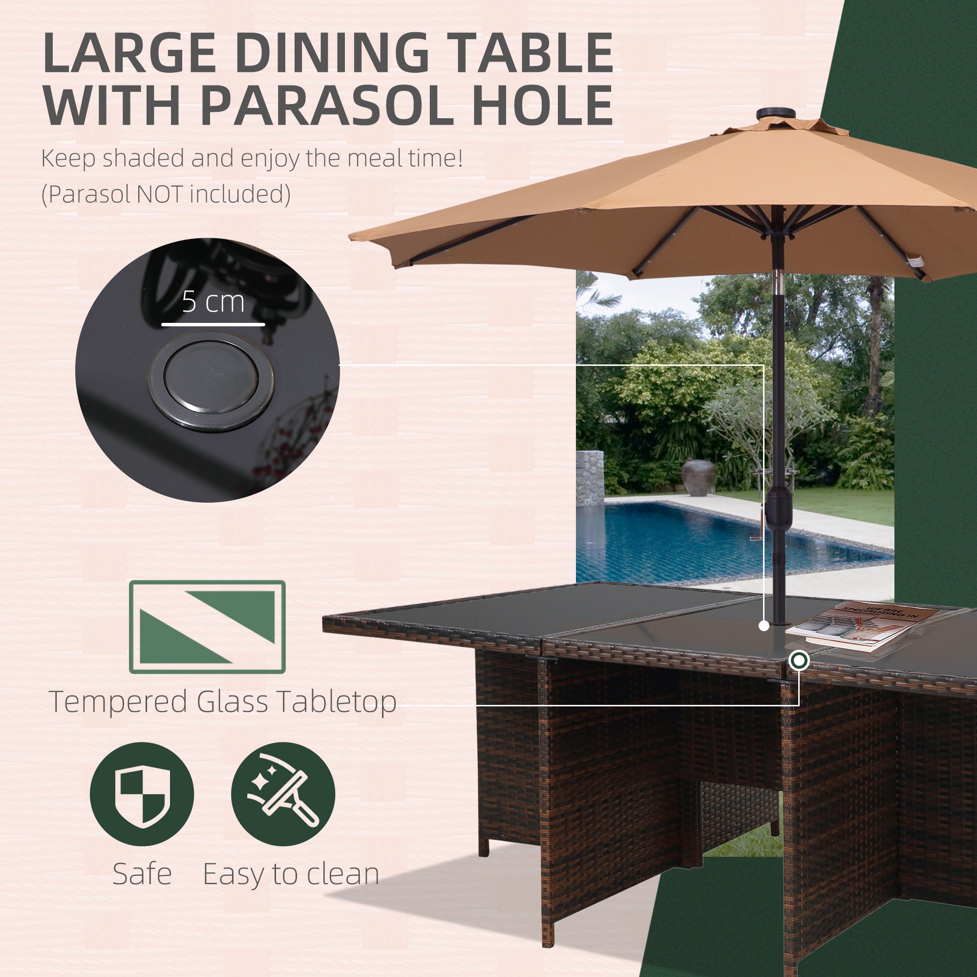 10 Seater Rattan Cube Garden Furniture Set with Parasol Hole, Rattan Dining Set with Cushions, Outdoor Dining Table and Chairs with Rectangular Glass Top Table for Patio, Mixed Brown