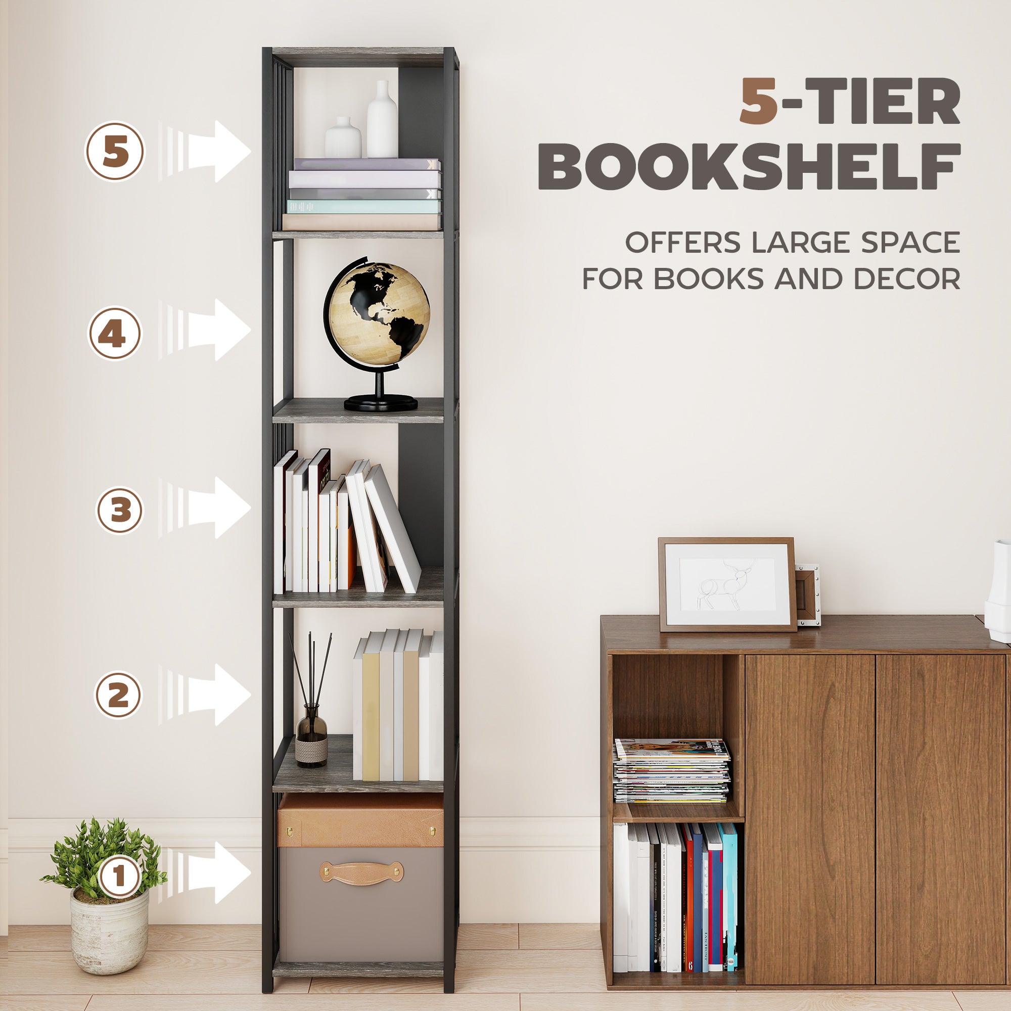 Fynco - 5-Tier Bookshelf with Steel Frame - Grey