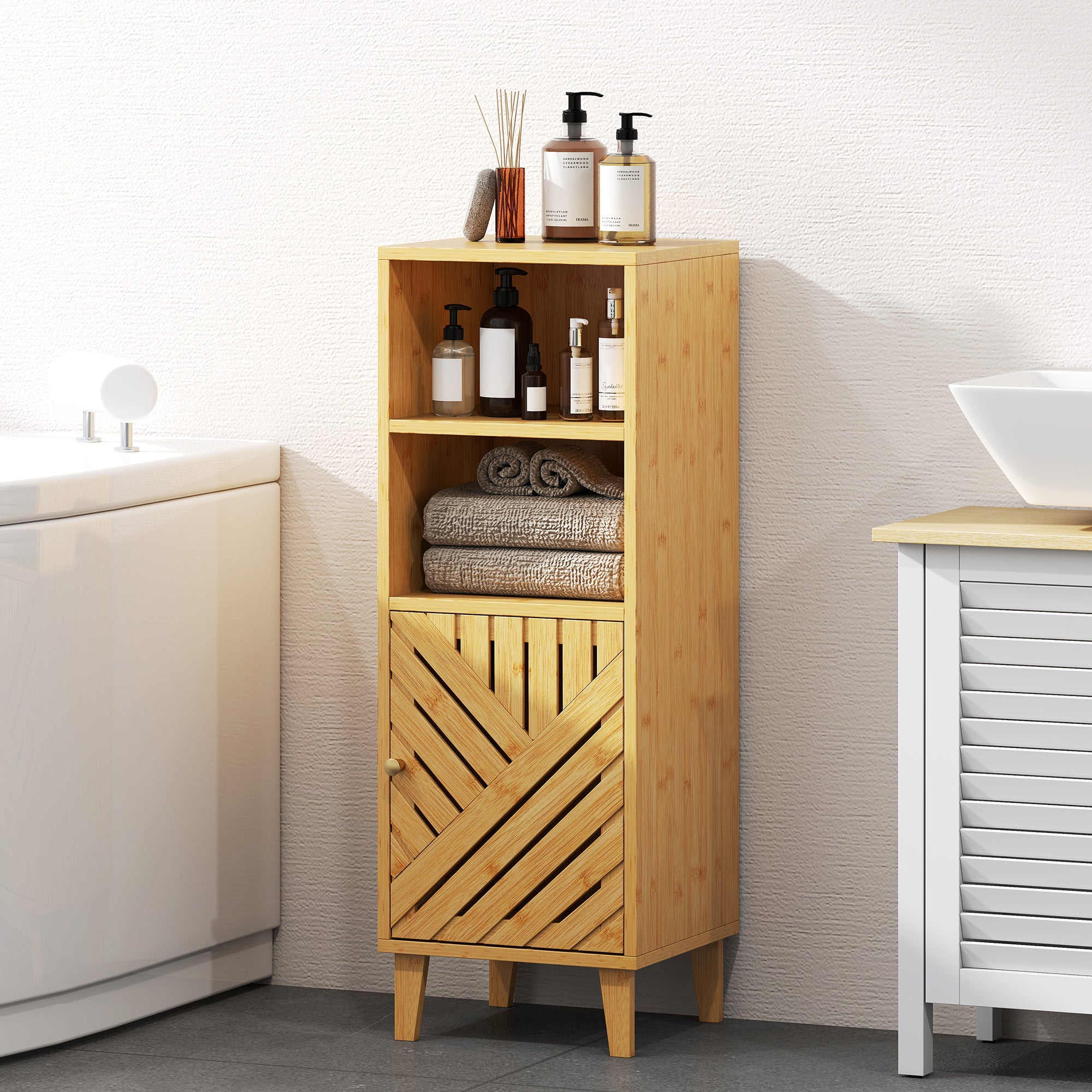Fynco - Slim Bathroom Cabinet with Bamboo Door and Legs, Narrow Bathroom Storage Cabinet, Freestanding Storage Cupboard with Open Compartments, 32 x 30 x 90 cm, Natural Wood Finish