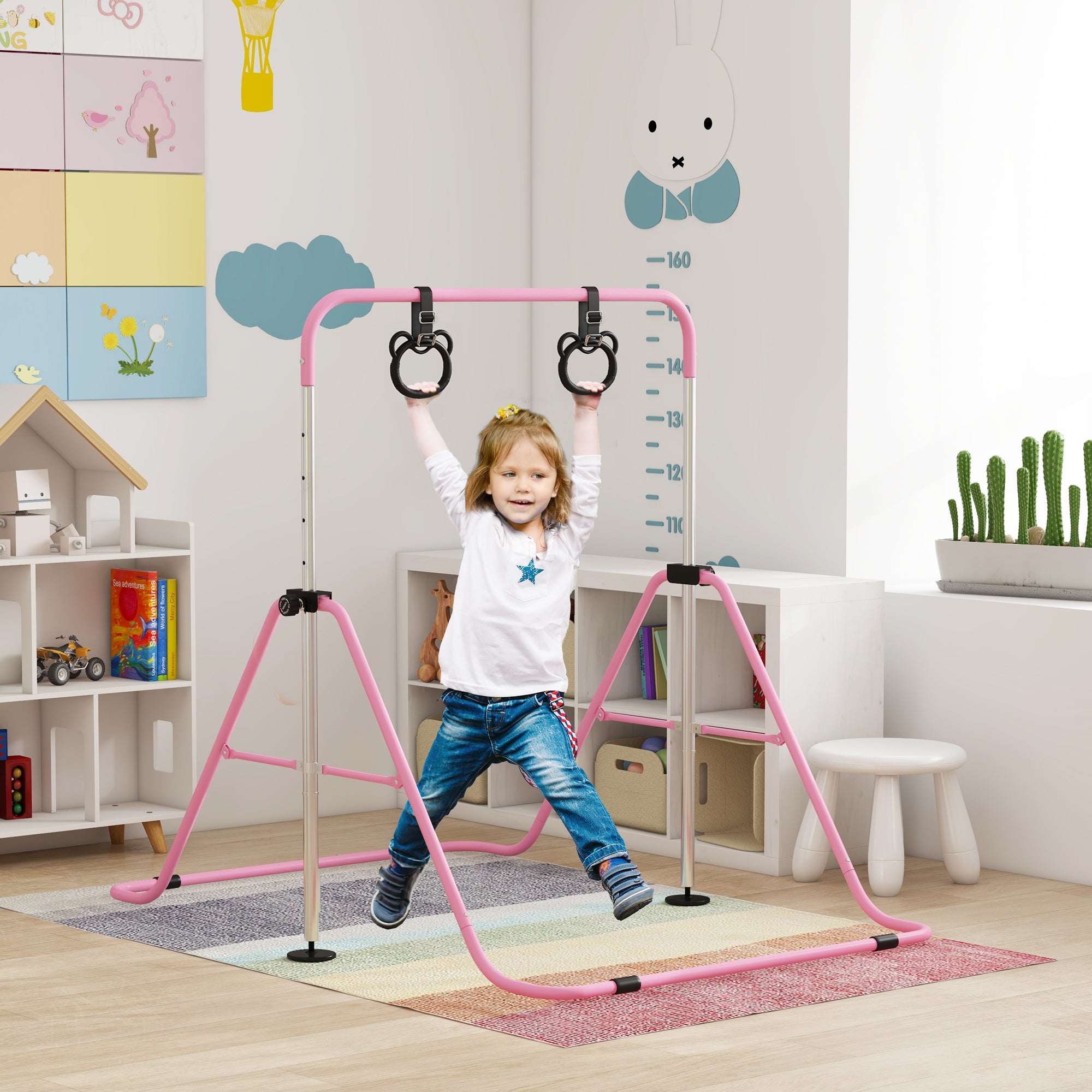 Adjustable Height, Foldable Kids Gymnastics Bar w/ Non-slip Rubber Floor Rings, for 3+ Years, Pink