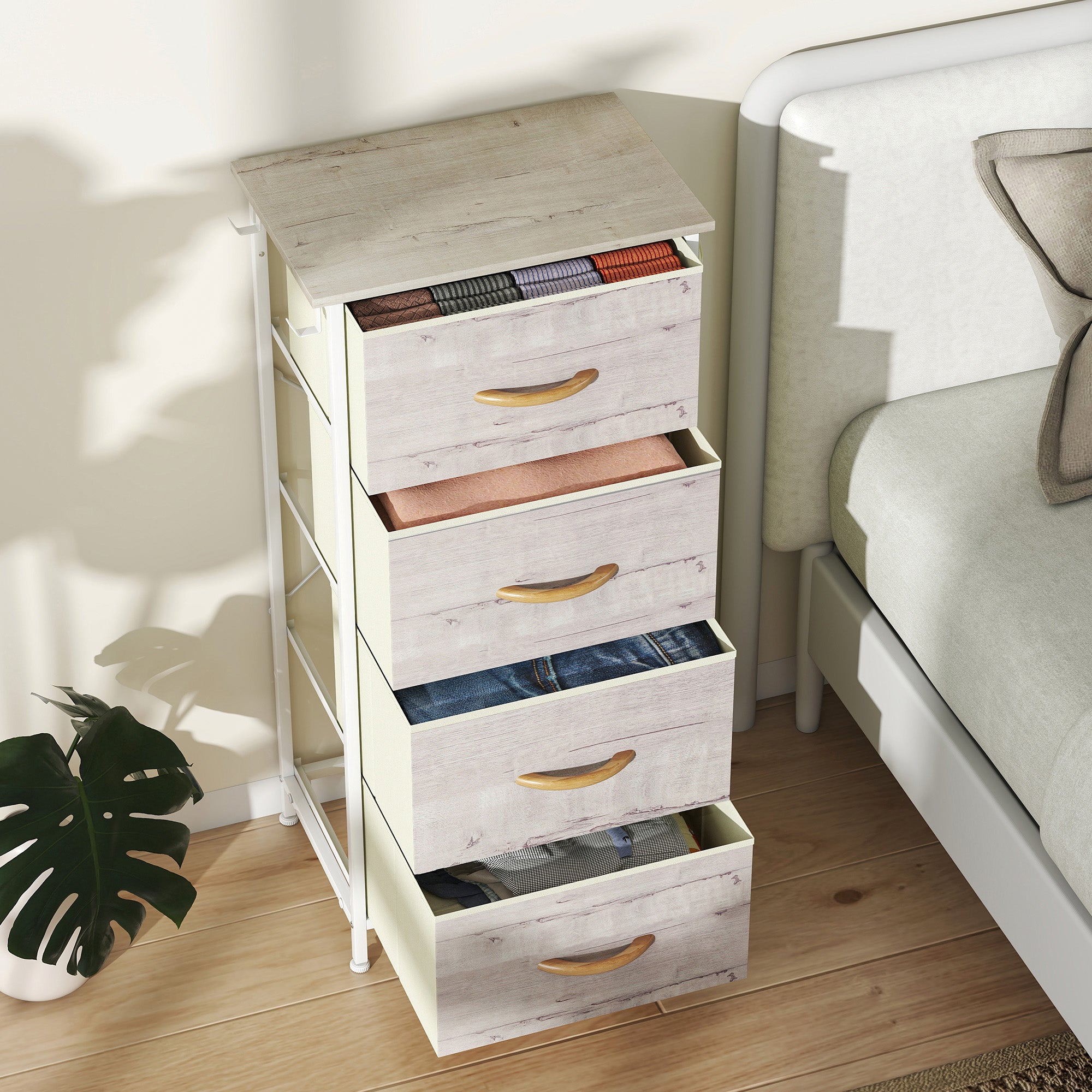 Chest of Four Fabric Drawers - Natural Wood Finish