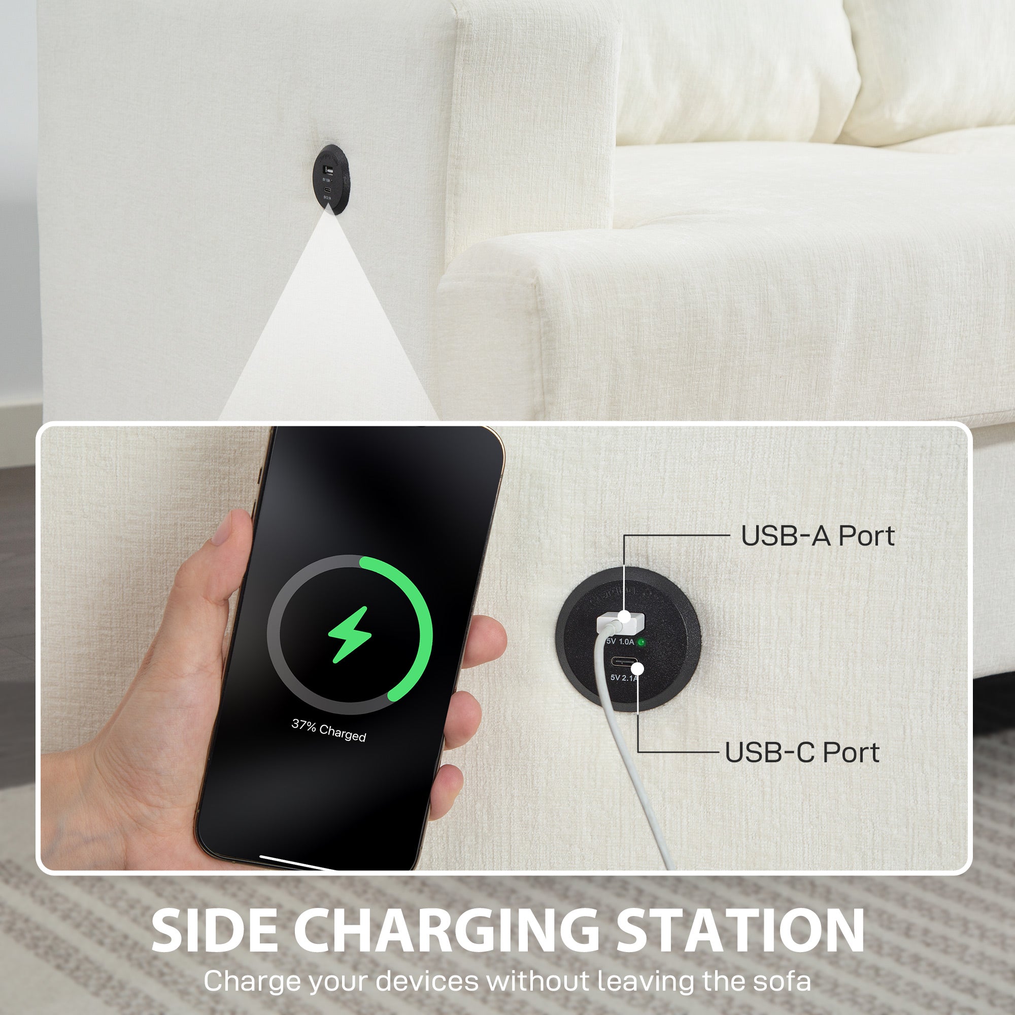 Fynco - 3 Seater Sofa with USB Ports & Cup Holders - Cream White