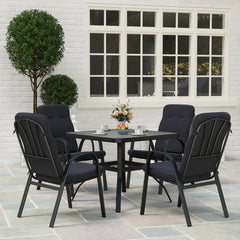 5 Pieces Outdoor Square Garden Dining Set w/ Tempered Glass Dining Table 4 Cushioned Armchairs, Umbrella Hole, Black