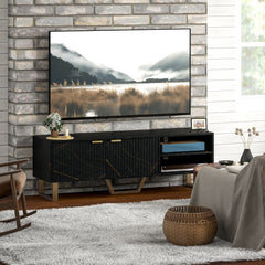 Marble Effect TV Unit, TV Stand Cabinet for up to 70" TVs, Modern TV Cabinet with Shelves and Storage Cupboard, Fluted Door, Extra Centre Leg, Cable Management for Living Room, Black