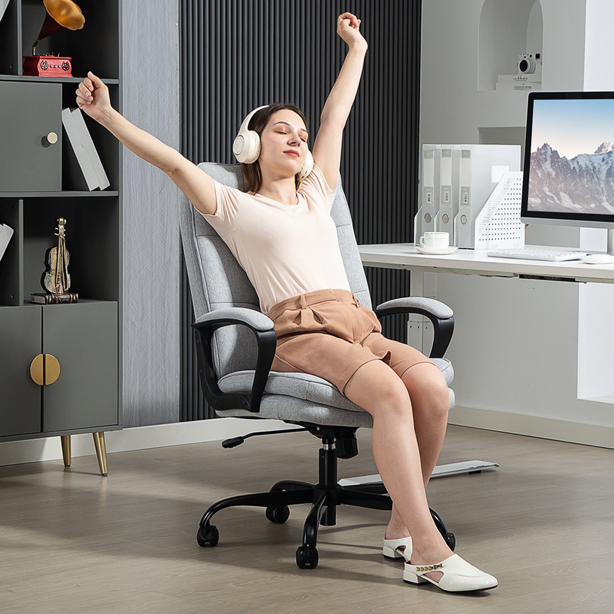 Fynco - Double Padded Linen-Look Office Chair - Light Grey