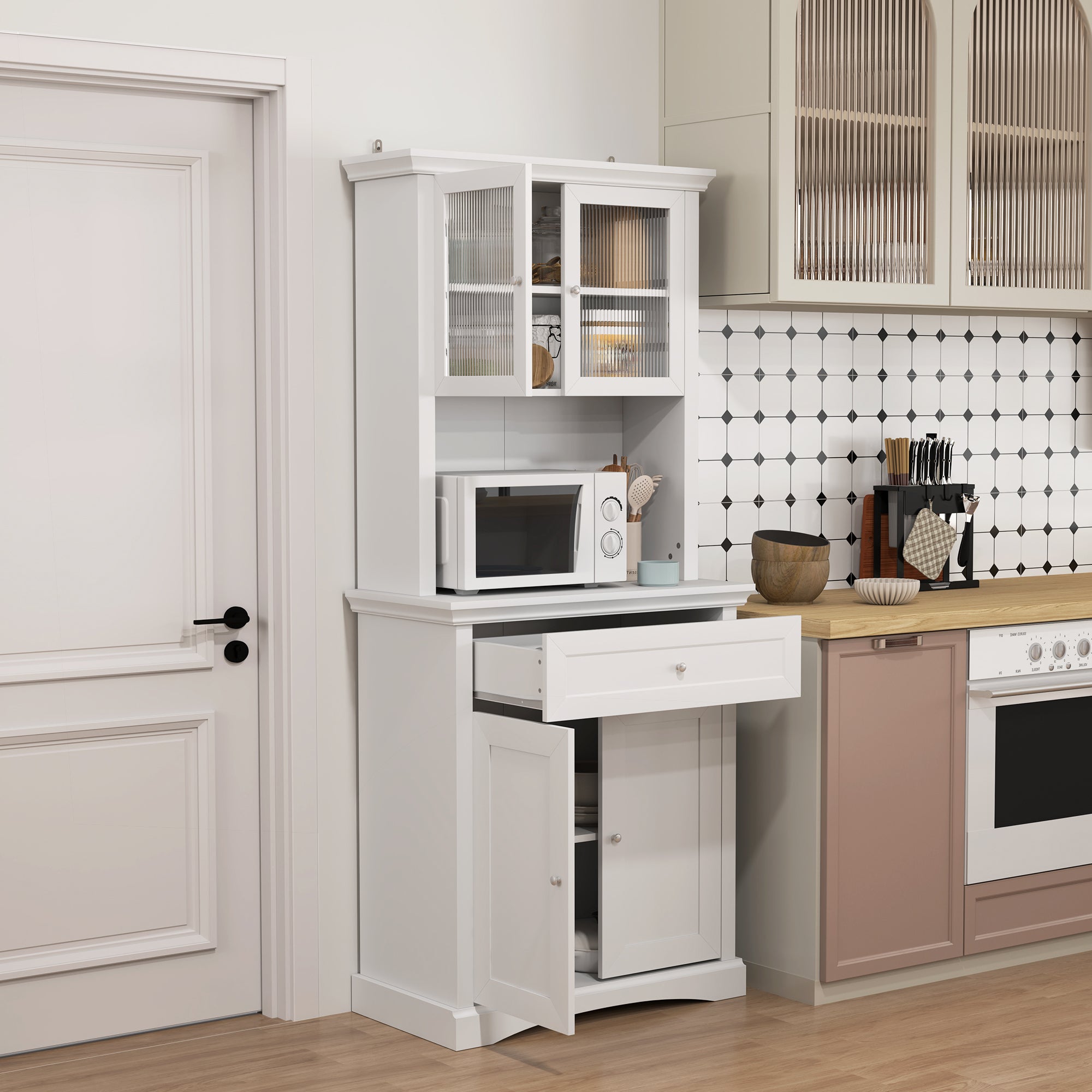4-Door Kitchen Cupboard with Drawer, Freestanding Kitchen Cabinet with Glass Doors, Adjustable Shelves and Open Counter, White